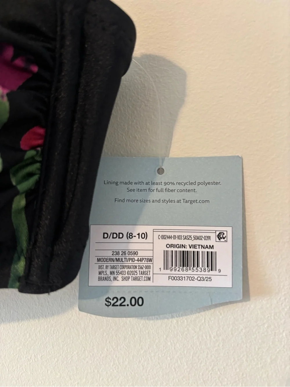 Shade & Shore Black Bandeau Bikini Top Floral Print Tie Back Size D/DD